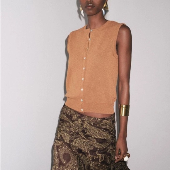 Zara NWT tan rust orange button front knit vest cardigan - Picture 5 of 9